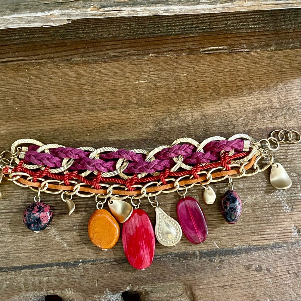 Gold Toned Bracelet Boho Orange Pink Yellow Stone Braided Leather